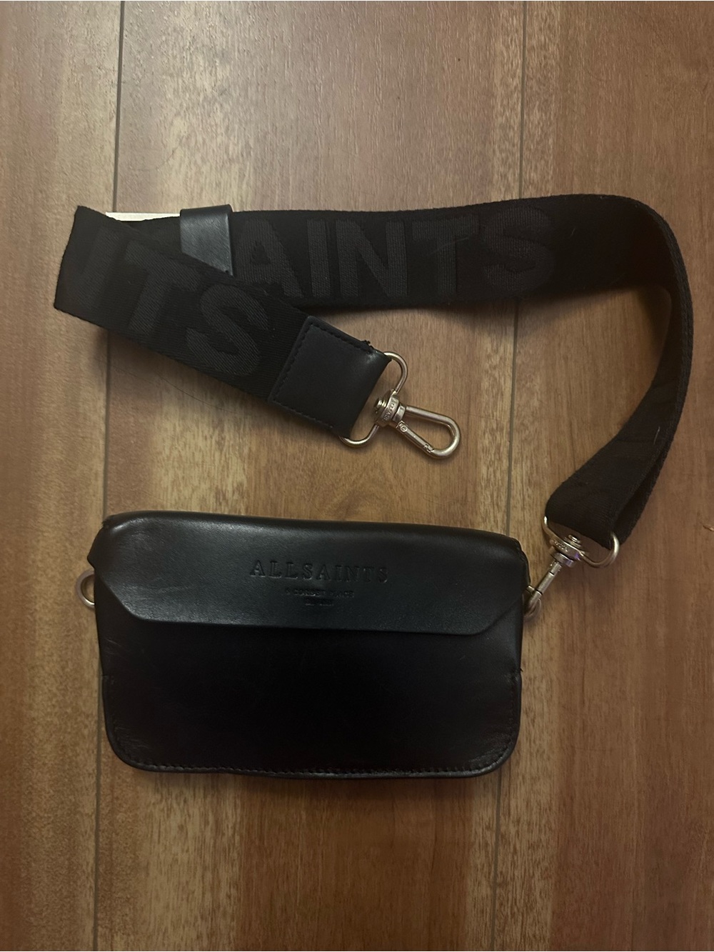 All Saints Black Leather Belt Bag with Branded Strap